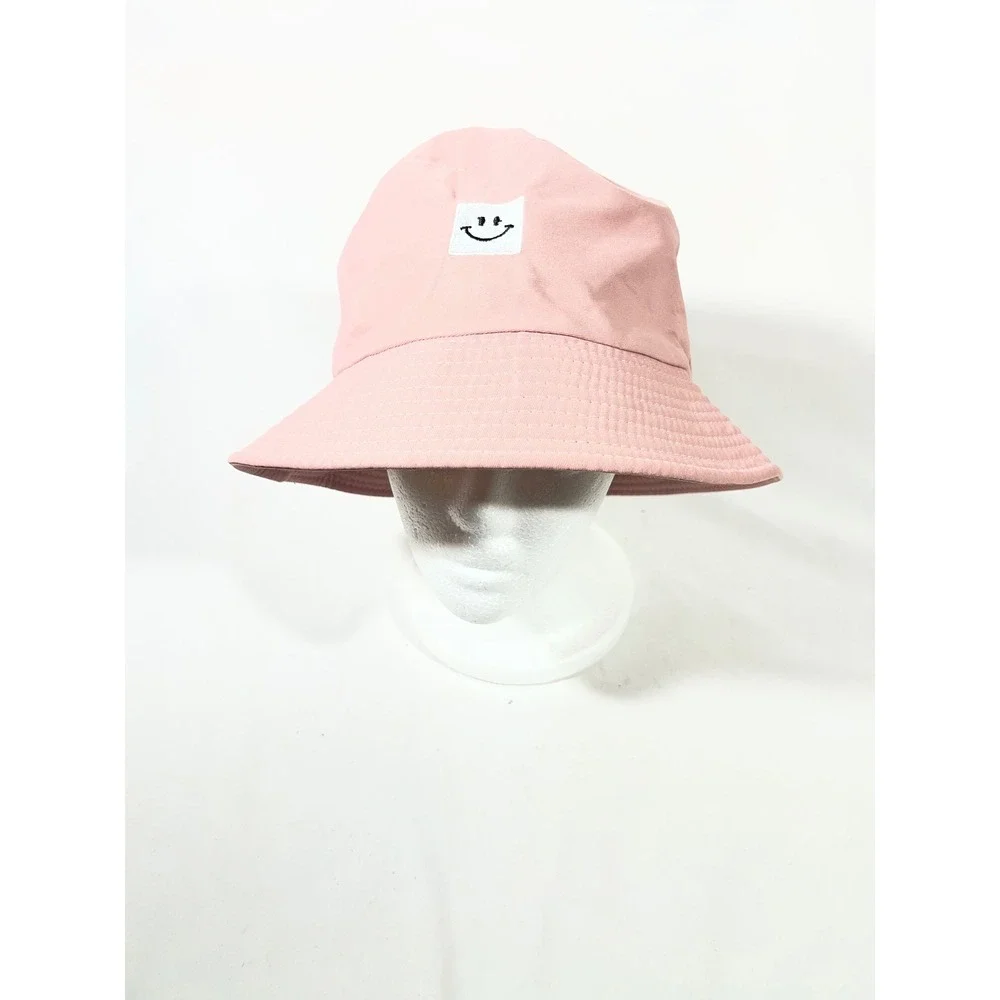 Kids Pink Bucket Hat Happy Face Embroidered Cotton Sun Hat Beach‎ Vacay Resort